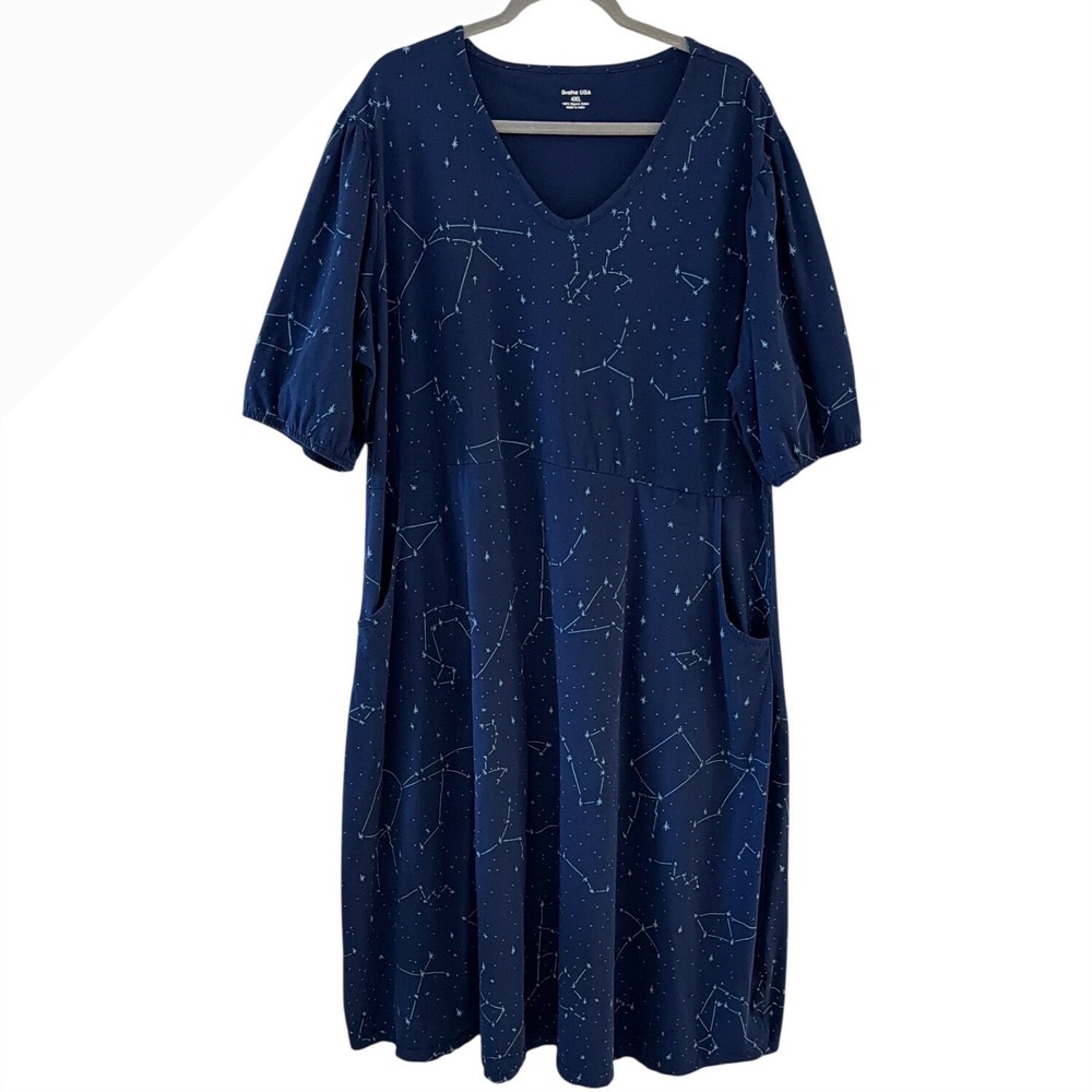 Svaha USA Navy Blue Constellation Organic Cotton V-Neck Dress Pockets 4XL